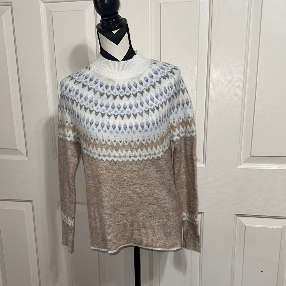 Fat Face Fair Isle Turtleneck Sweater in Beige, White and Blue